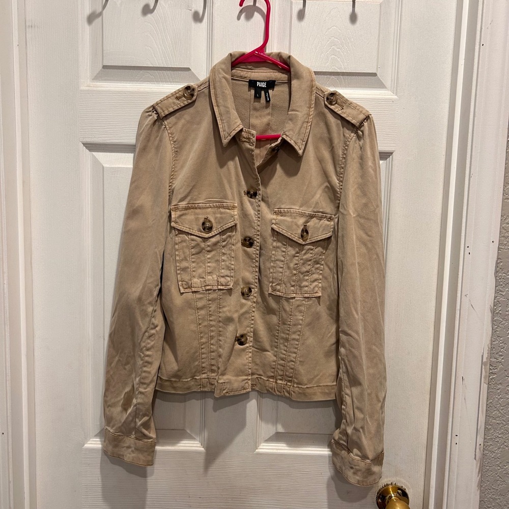 PAIGE Pacey Vintage Suntan Tan Utility Jacket Button Front Lyocell Women Size L